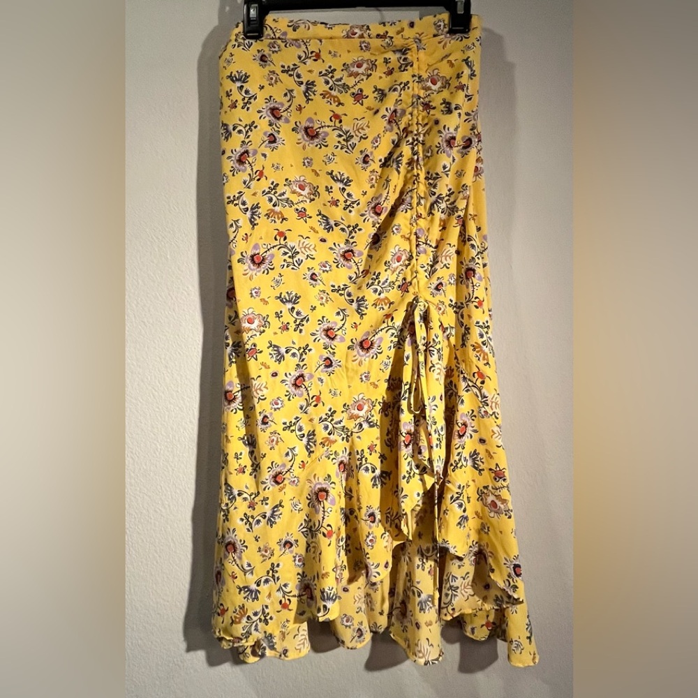 MAX STUDIO YELLOW COTTAGECORE FLORAL CINCHED TIE SIDE ZIP SKIRT MED PREOWNED